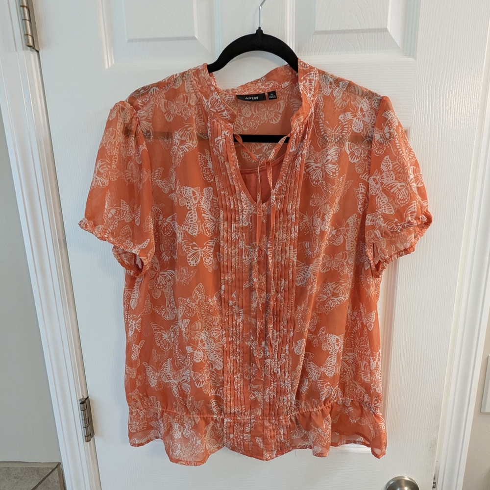 Apt. 9 Coral Sheer Ruffled Short Sleeve Blouse With Coral Tank Liner Size XL